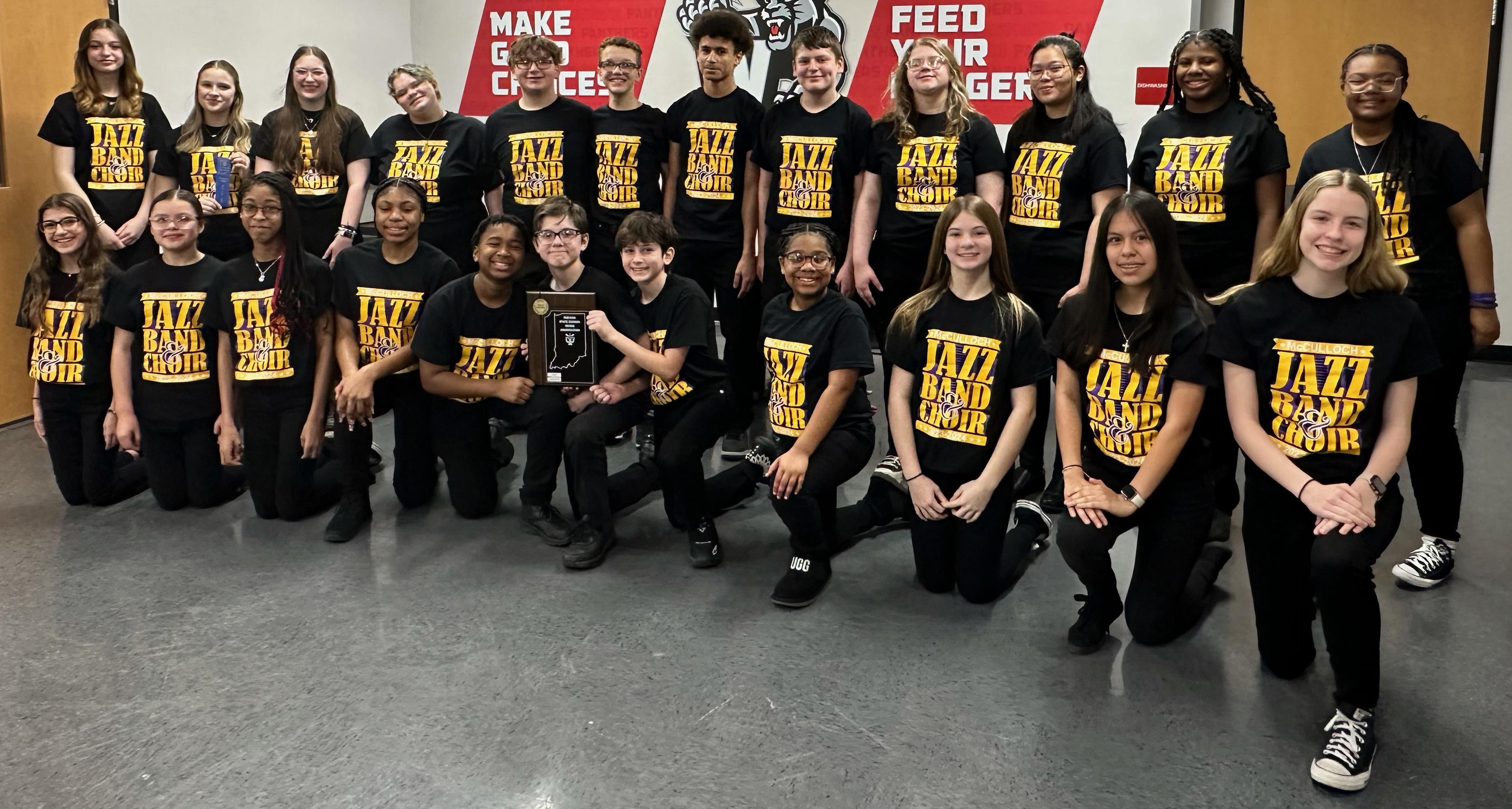 The McCulloch Junior High jazz choir poses for a photo at ISSMA Jazz Competition in March 2024, where they earned a Gold rating