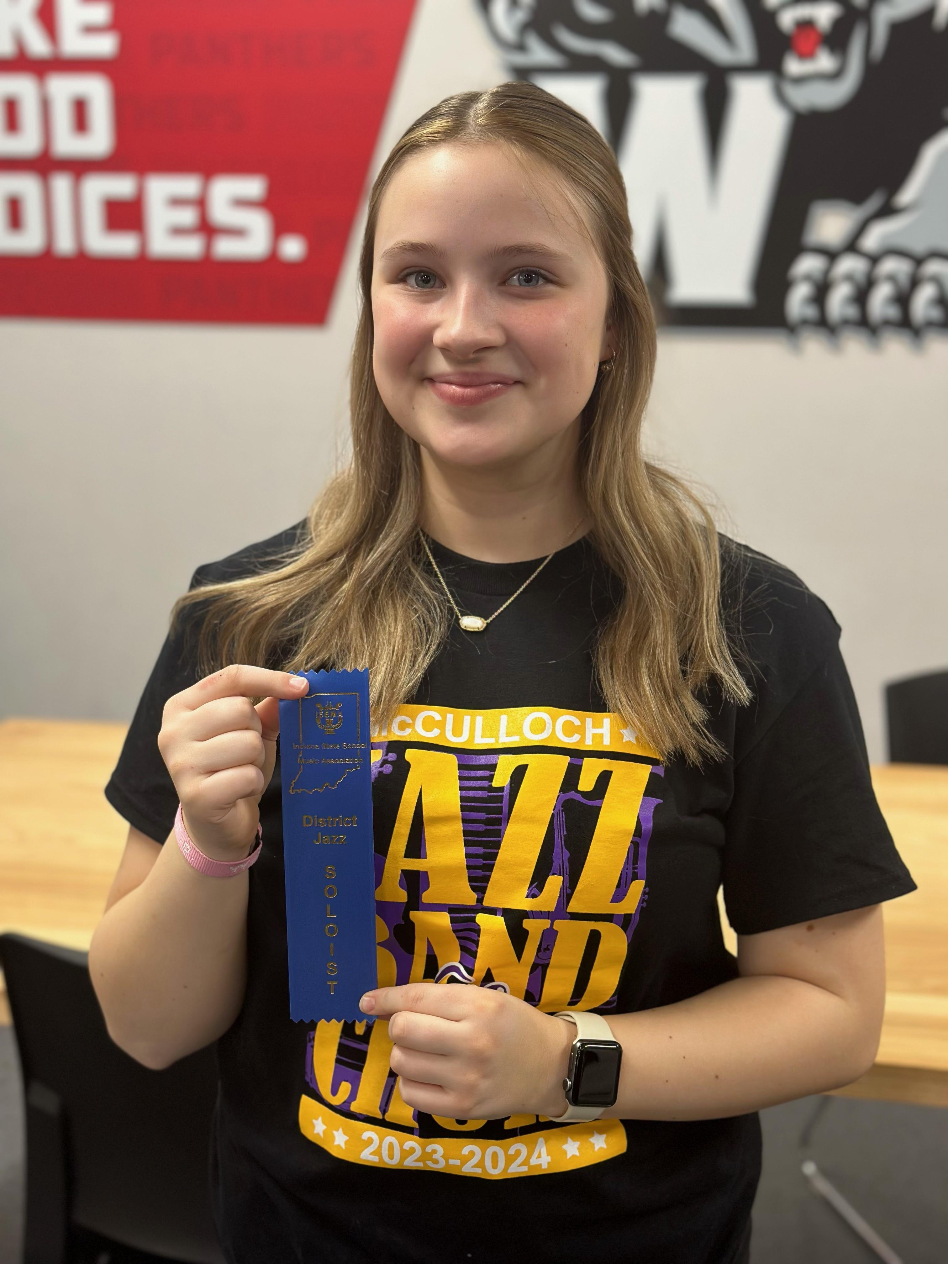 McCulloch Junior High School student Macey Wayman earned an Outstanding Solo award at the ISSMA Jazz Competition in March 2024